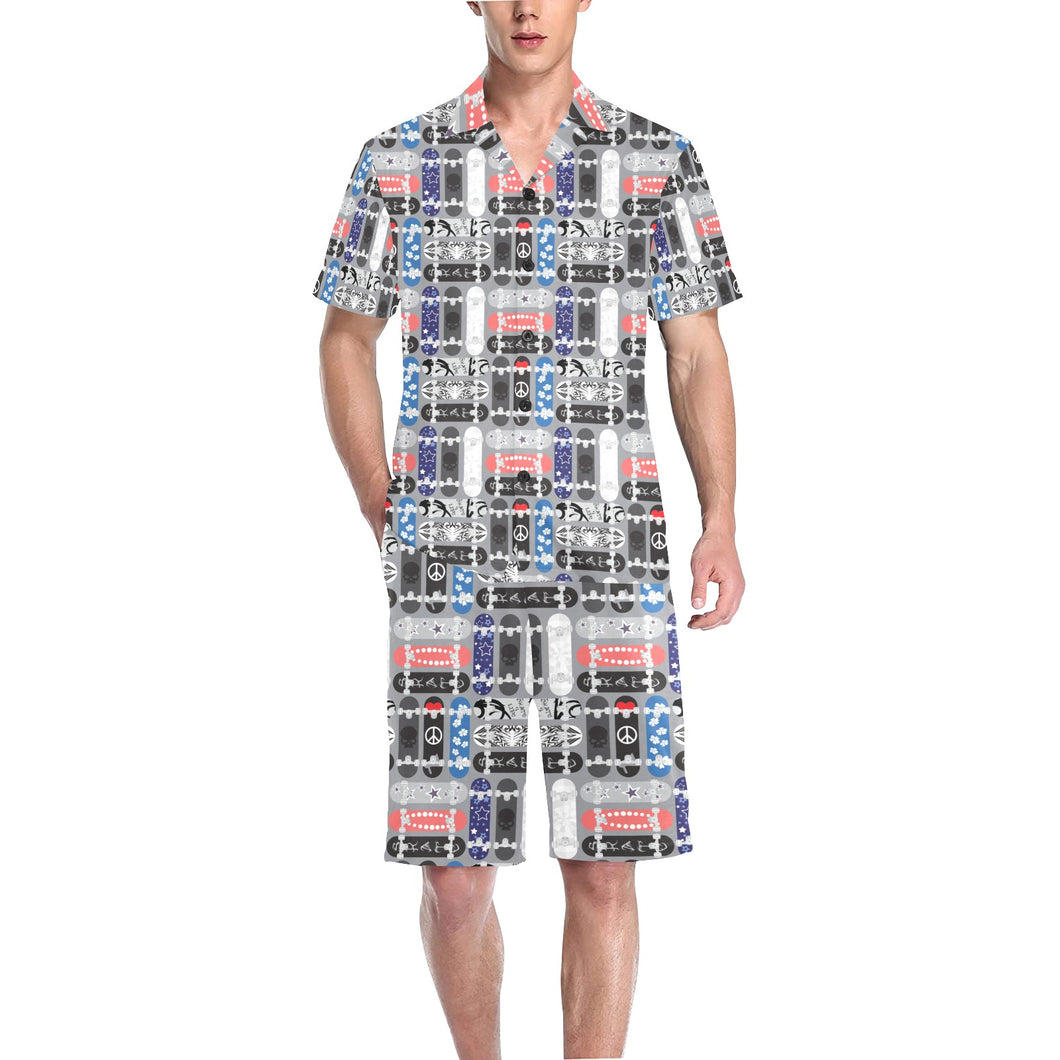 Skate Board Pattern Print Design 04 Men's V-Neck Short Pajama Set
