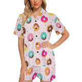 Donut pattern glaze pink background Women's V-Neck Short Pajama Set