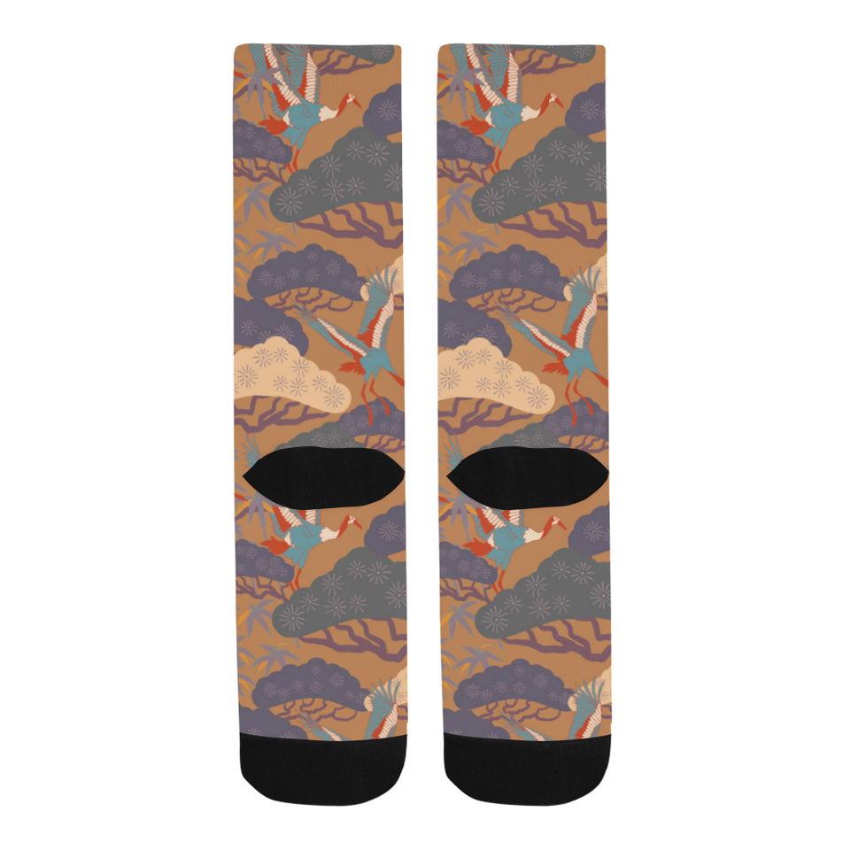 Bonsai bamboo stork japanese pattern brown theme Crew Socks