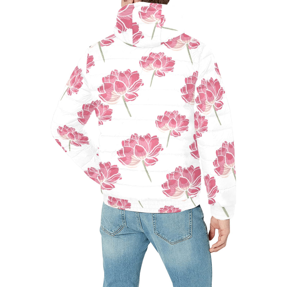 Pink lotus waterlily pattern Men's Padded Hooded Jacket