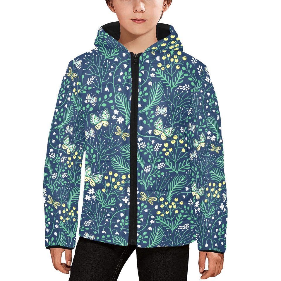 butterfly leaves pattern Kids' Boys' Girls' Padded Hooded Jacket