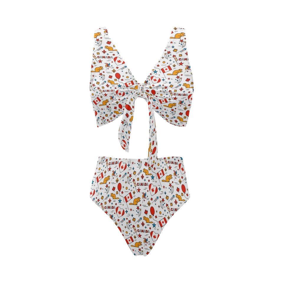 Canada Pattern Print Design 03 Chest Bowknot High Waisted Bikini Swimsuit
