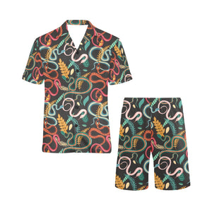 Colorful snake plant pattern Men's V-Neck Short Pajama Set