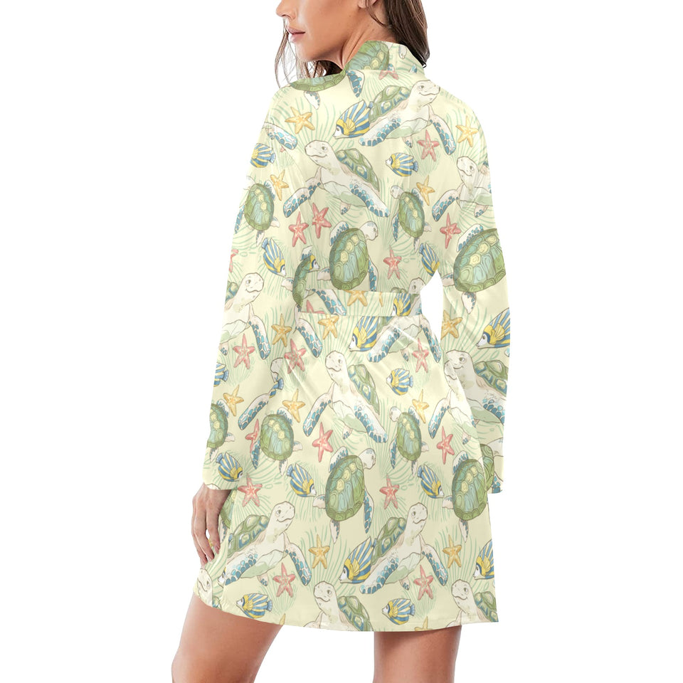 Hand drawn sea turtle fish pattern Women's Long Sleeve Belted Night Robe