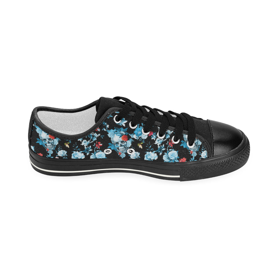 Skull flower roses leave pattern Women's Low Top Canvas Shoes Black
