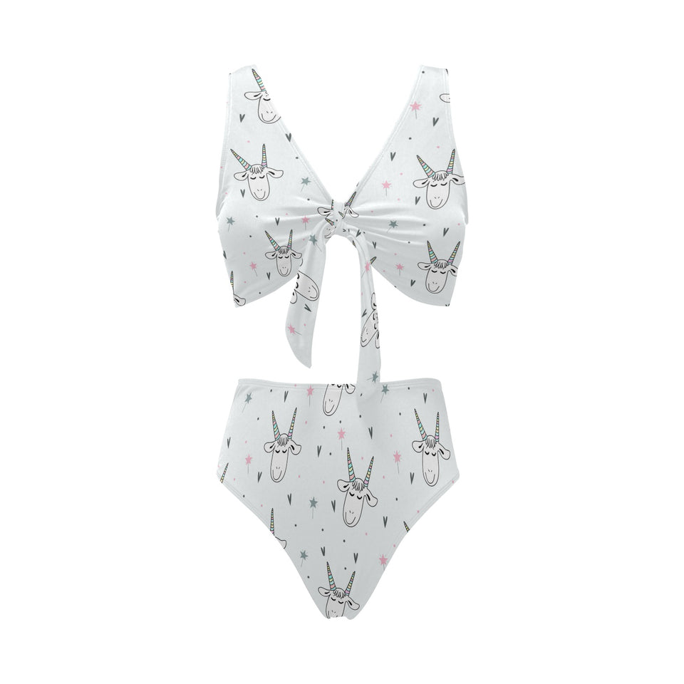 Cute goat design pattern Chest Bowknot High Waisted Bikini Swimsuit