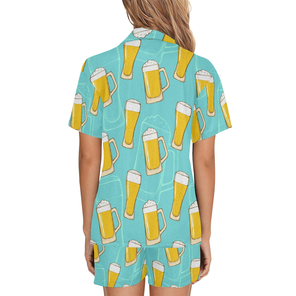 Beer pattern green background Women's V-Neck Short Pajama Set