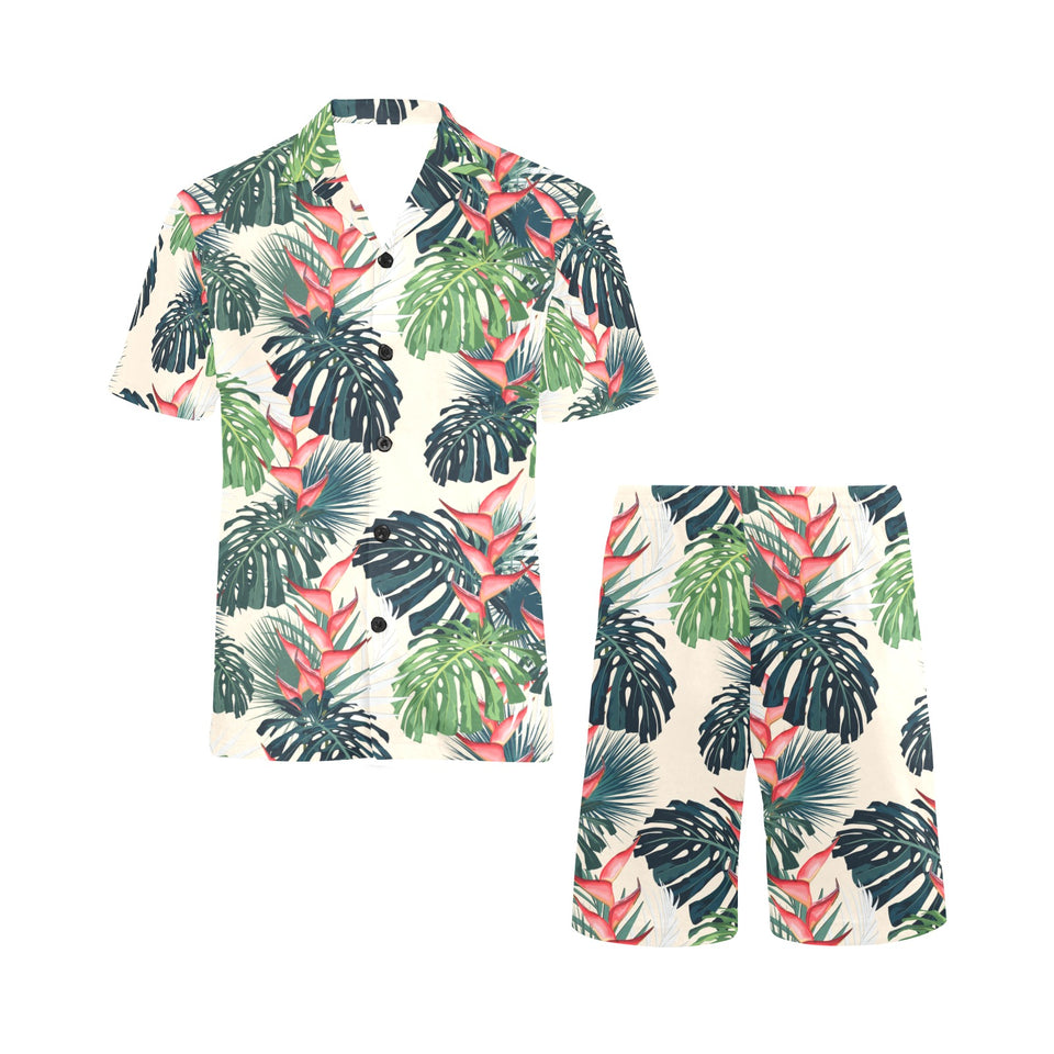 heliconia flowers, palm and monstera leaves Men's V-Neck Short Pajama Set