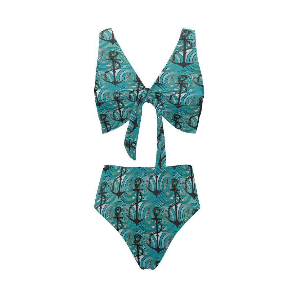 Anchor nautical green background Chest Bowknot High Waisted Bikini Swimsuit