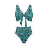 Anchor nautical green background Chest Bowknot High Waisted Bikini Swimsuit