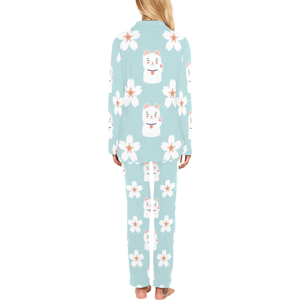 Maneki neko cat sakura Women's Long Pajama Set