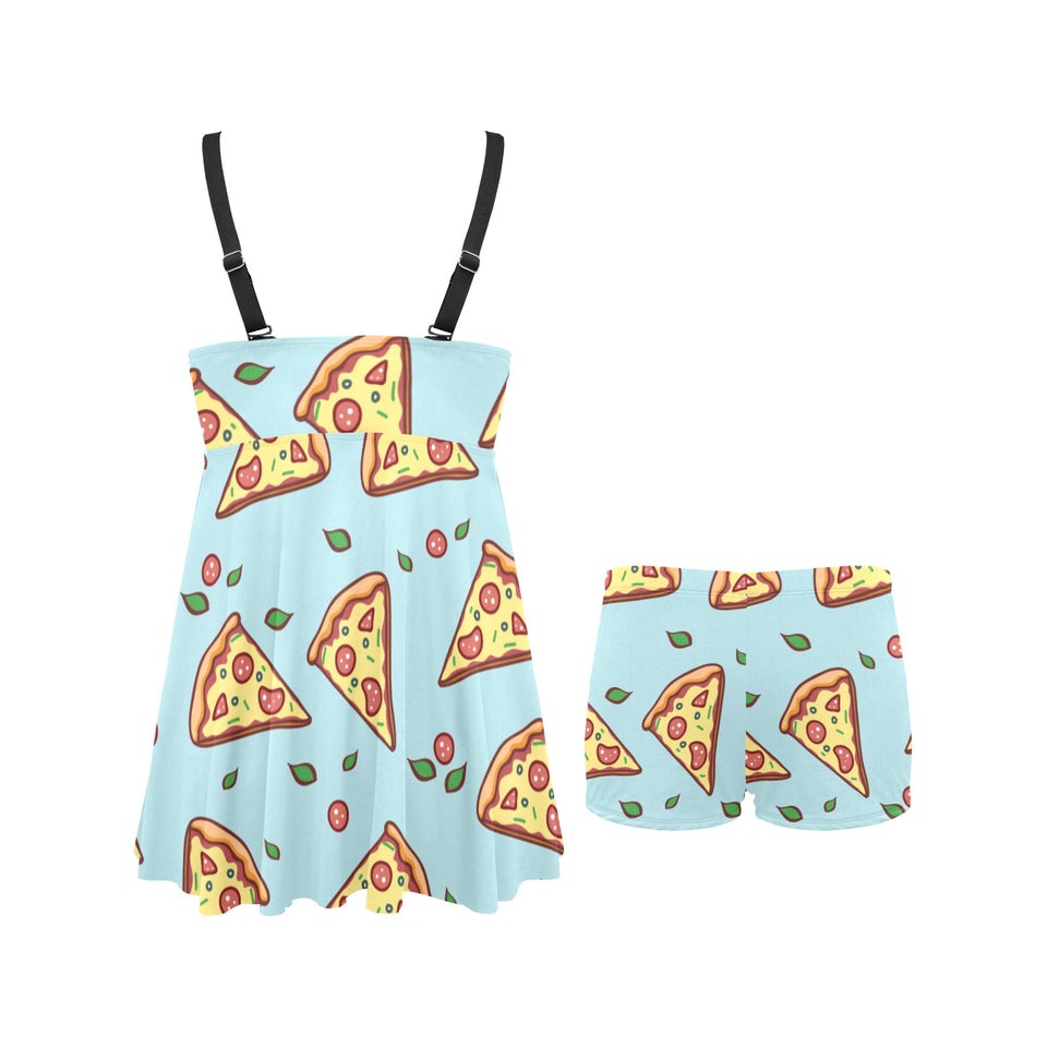 Hand drawn pizza blue background Chest Sexy Pleated Two Piece Swim Dress