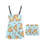 Hand drawn pizza blue background Chest Sexy Pleated Two Piece Swim Dress