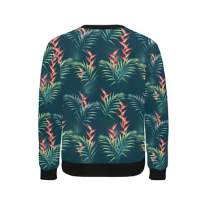 heliconia flowers, palm and monstera leaves on bla Men's Crew Neck Sweatshirt