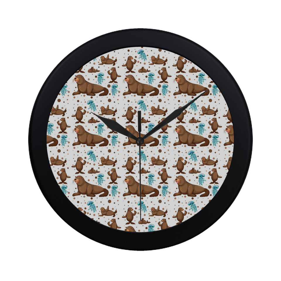sea lion Seals jellyfish pattern Elegant Black Wall Clock