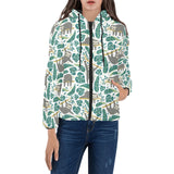 Cute sloths tropical palm leaves white background Women's Padded Hooded Jacket