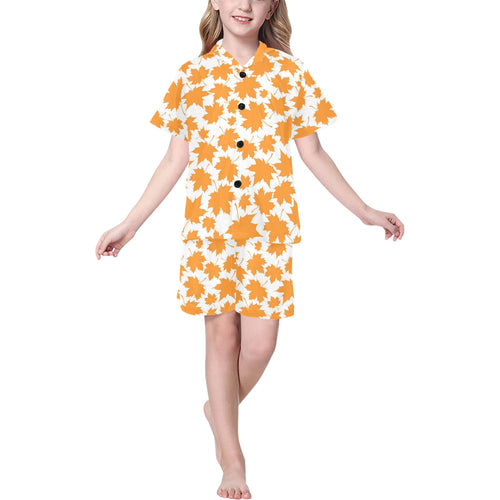 Orange Maple Leaf pattern Kids' Boys' Girls' V-Neck Short Pajama Set