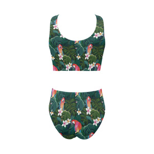 Parrot Palm tree leaves flower hibiscus pattern Chest Bowknot High Waisted Bikini Swimsuit