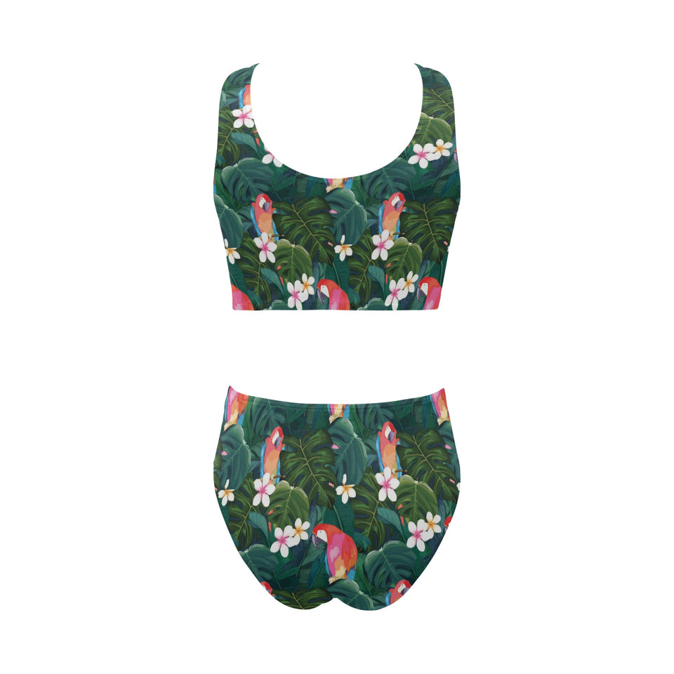 Parrot Palm tree leaves flower hibiscus pattern Chest Bowknot High Waisted Bikini Swimsuit