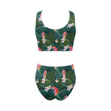 Parrot Palm tree leaves flower hibiscus pattern Chest Bowknot High Waisted Bikini Swimsuit