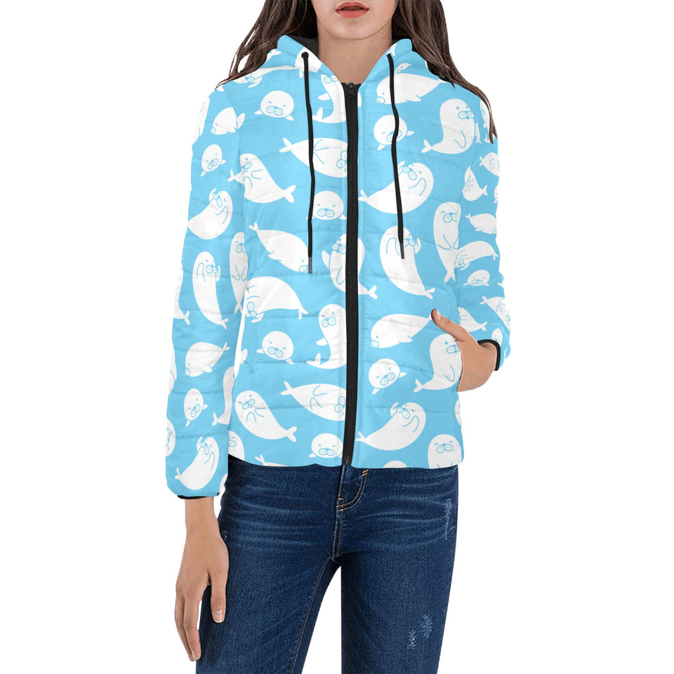 Cute white sea lion seals pattern Women's Padded Hooded Jacket