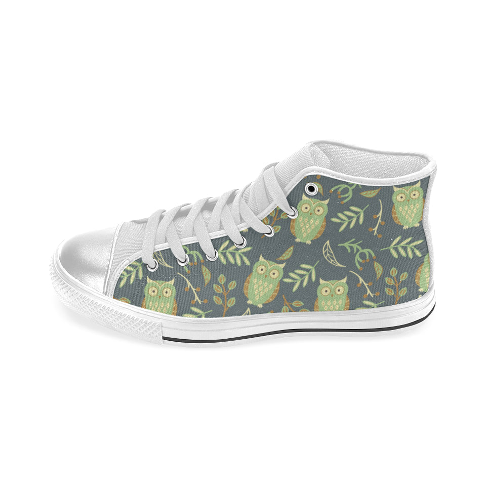 Cute owls leaves pattern Women's High Top Canvas Shoes White
