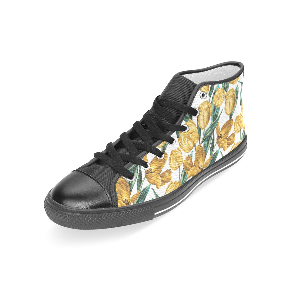 yellow tulips pattern Women's High Top Canvas Shoes Black