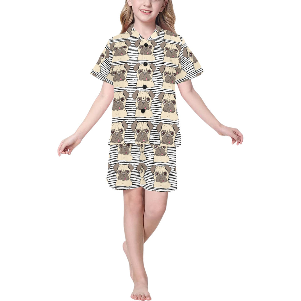 Happy pug pattern Kids' Boys' Girls' V-Neck Short Pajama Set