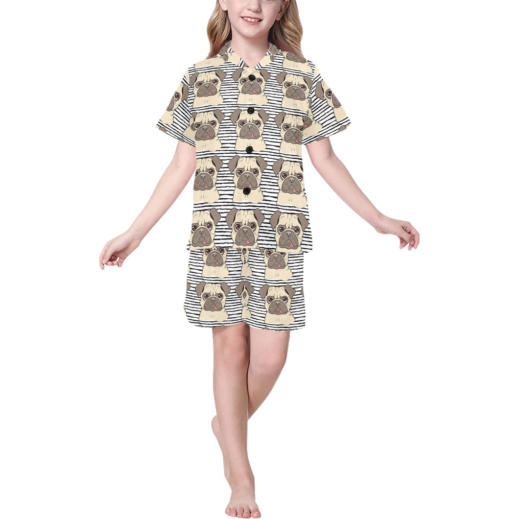 Happy pug pattern Kids' Boys' Girls' V-Neck Short Pajama Set