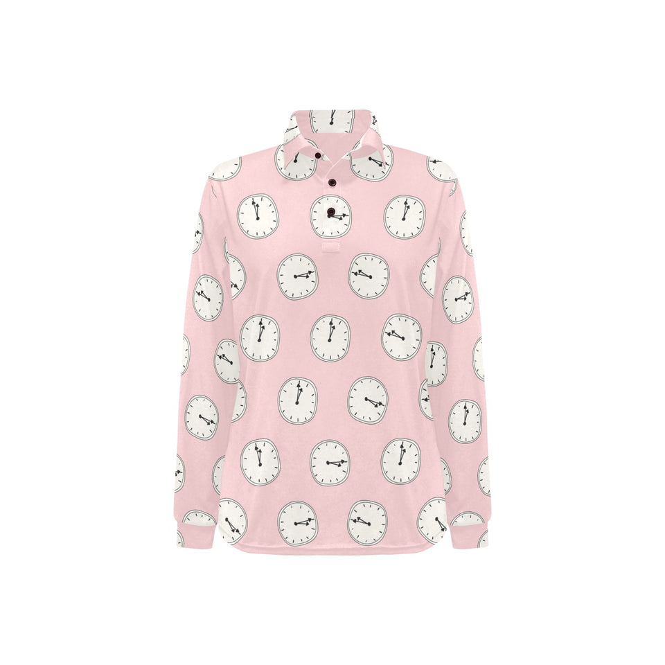 Clock pattern pink blackground Women's Long Sleeve Polo Shirt