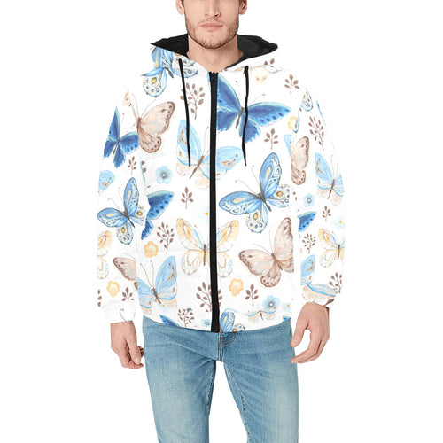 blue butterfly pattern Men's Padded Hooded Jacket
