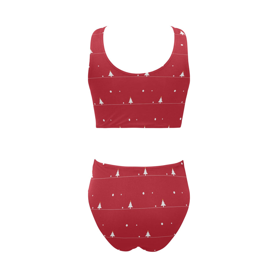 Christmas tree star snow red background Chest Bowknot High Waisted Bikini Swimsuit