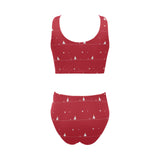Christmas tree star snow red background Chest Bowknot High Waisted Bikini Swimsuit