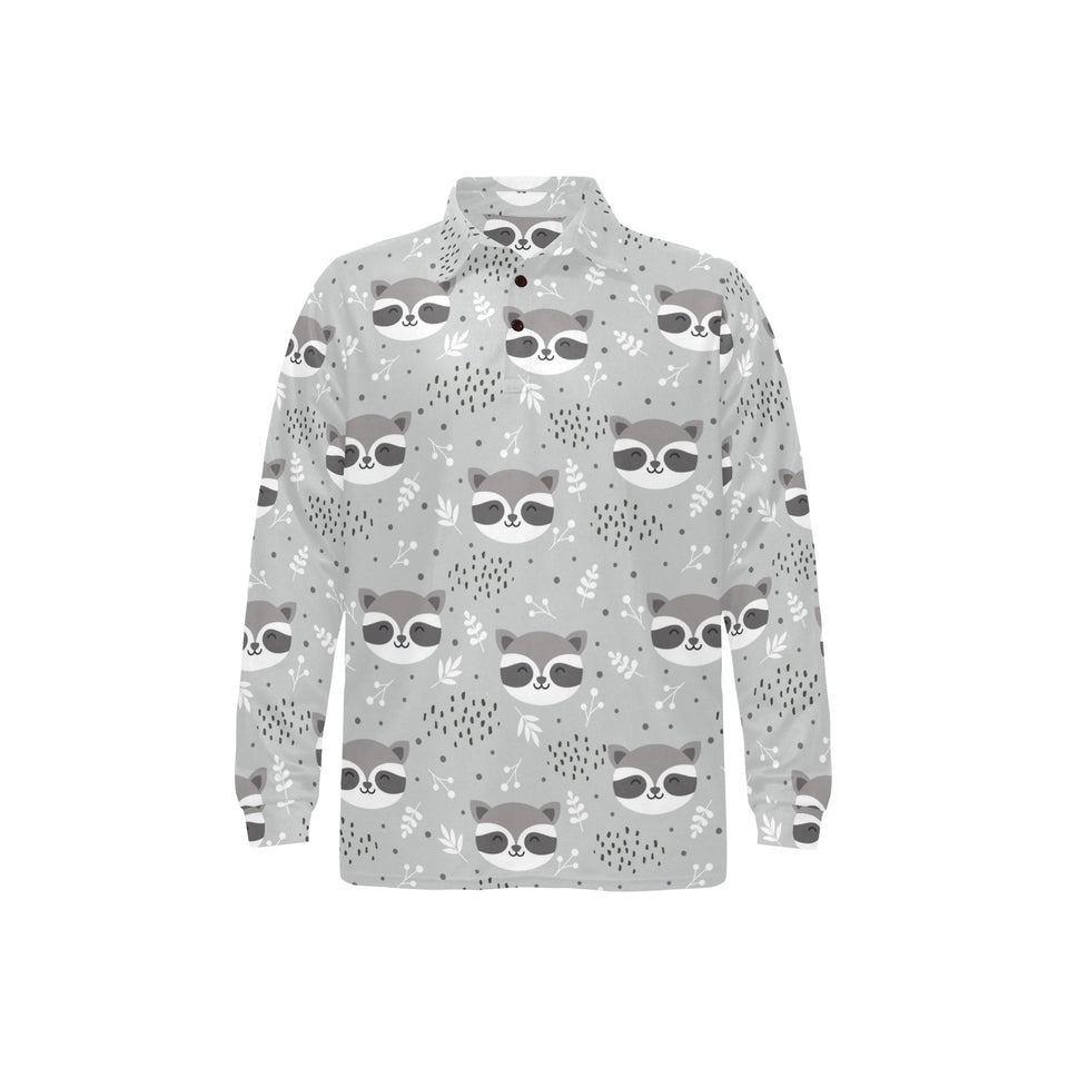 Cute raccoons leaves dot Men's Long Sleeve Polo Shirt
