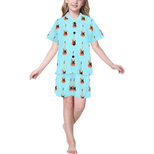 electric guitar pattern light blue background Kids' Boys' Girls' V-Neck Short Pajama Set