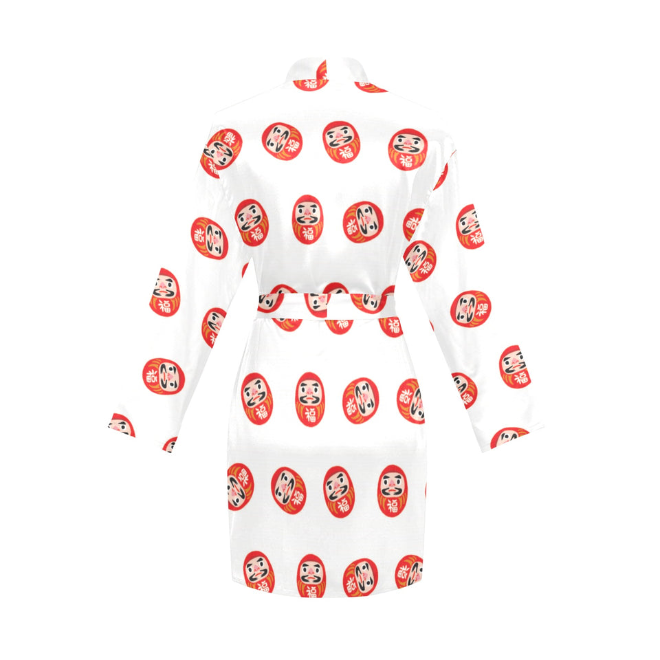 Daruma japanese wooden doll pattern Women's Long Sleeve Belted Night Robe