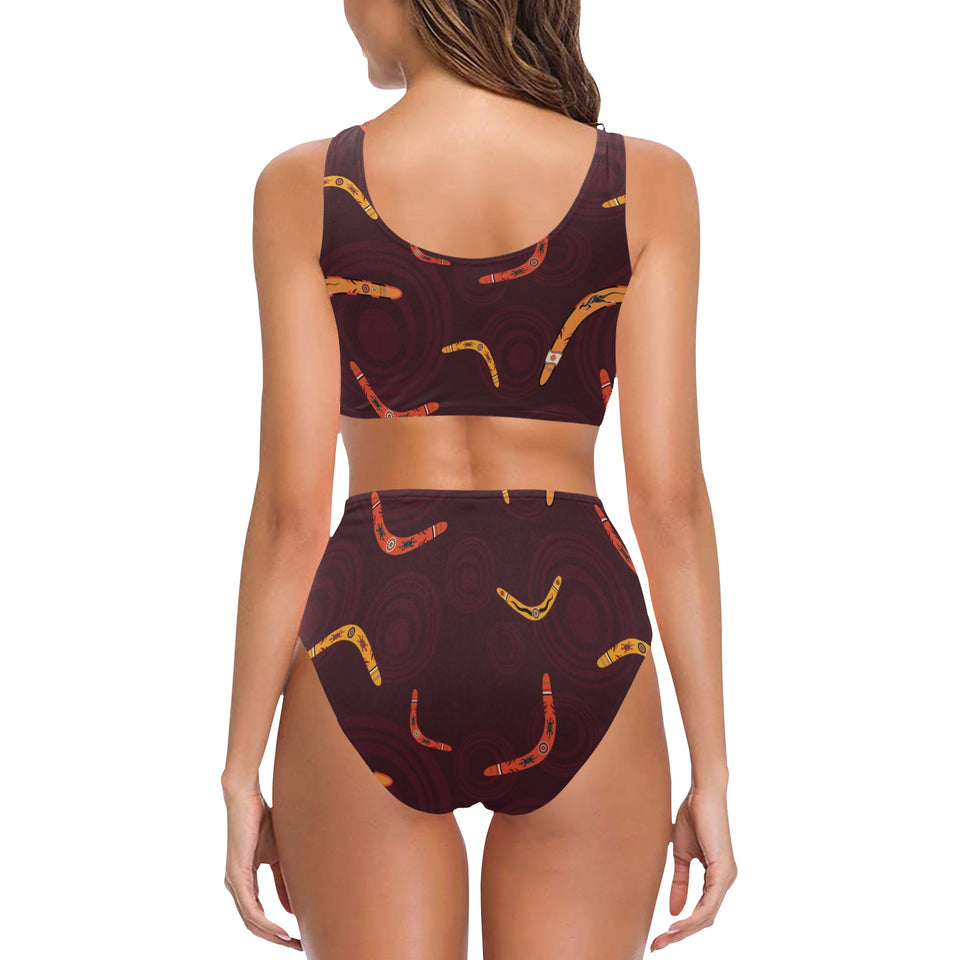 Boomerang Australian aboriginal ornament circle bl Chest Bowknot High Waisted Bikini Swimsuit