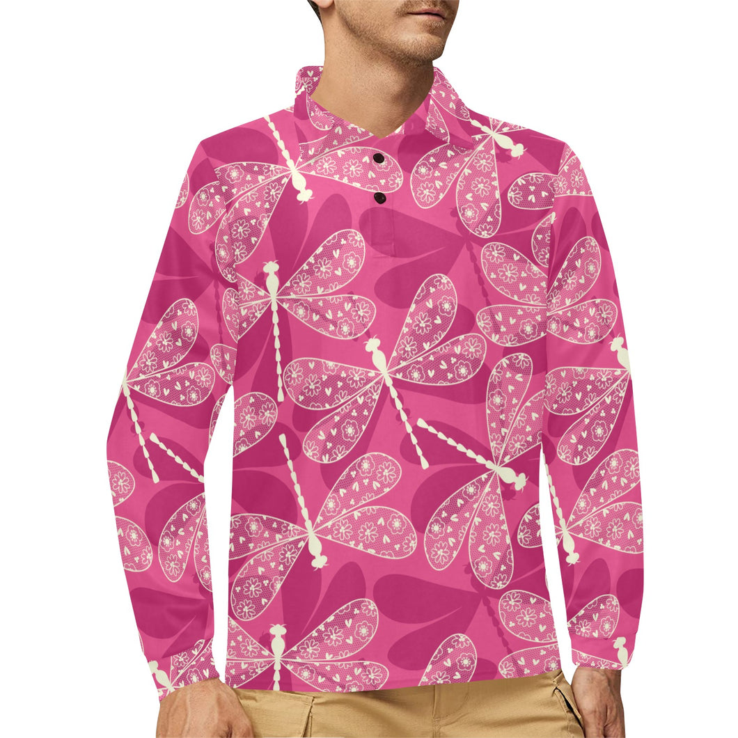 Beautiful dragonfly pink background Men's Long Sleeve Polo Shirt