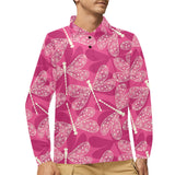Beautiful dragonfly pink background Men's Long Sleeve Polo Shirt