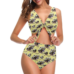 Ostrich Pattern Print Design 04 Chest Bowknot High Waisted Bikini Swimsuit
