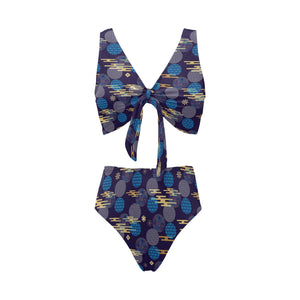 Blue japanese pattern cloud wave flower Chest Bowknot High Waisted Bikini Swimsuit
