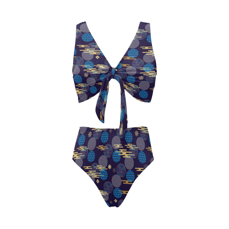 Blue japanese pattern cloud wave flower Chest Bowknot High Waisted Bikini Swimsuit