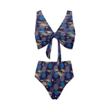 Blue japanese pattern cloud wave flower Chest Bowknot High Waisted Bikini Swimsuit