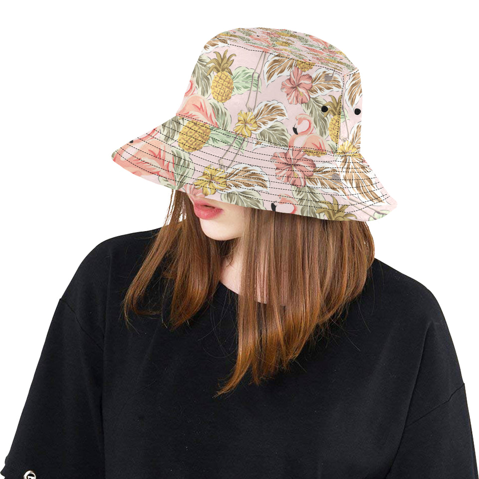 Pink flamingo birds pineapples hibiscus flower pat Unisex Bucket Hat