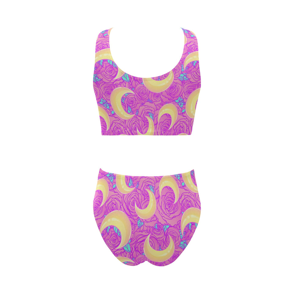 Moon pink rose background Chest Bowknot High Waisted Bikini Swimsuit