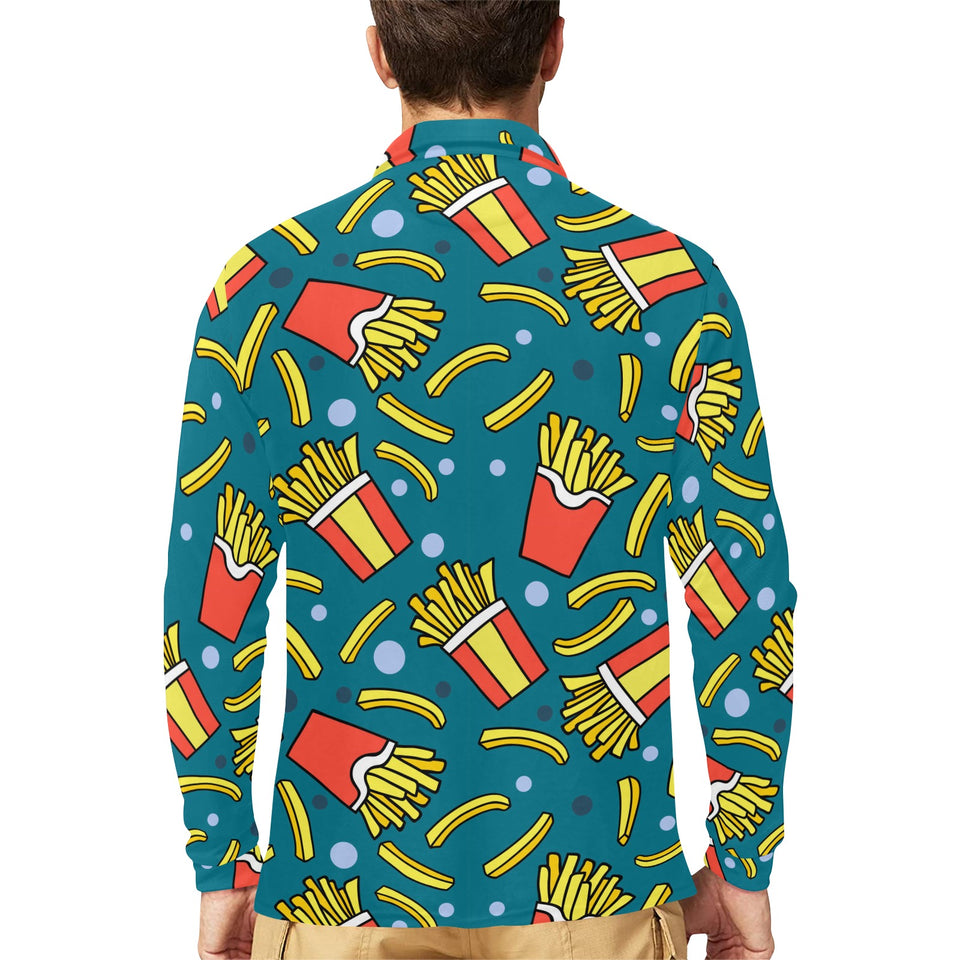 French fries red paper box pattern Men's Long Sleeve Polo Shirt