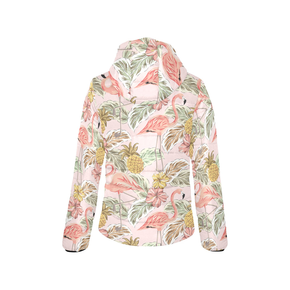 Pink flamingo birds pineapples hibiscus flower pat Women's Padded Hooded Jacket