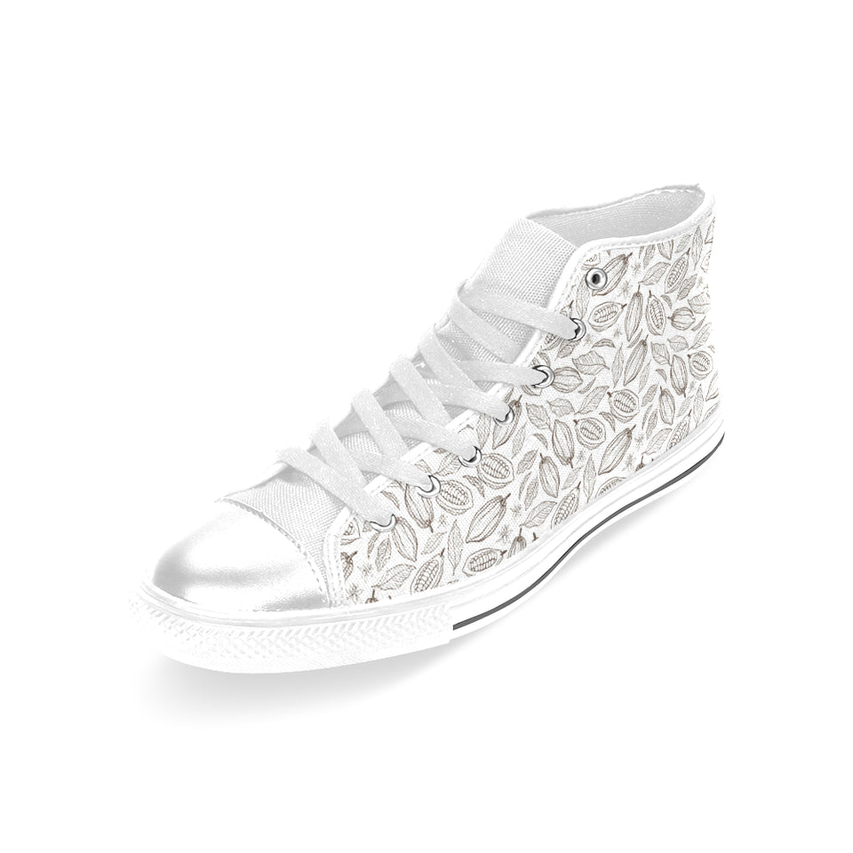 cacao beans leaves pattern Women's High Top Canvas Shoes White