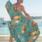 cute brown sea otters ornamental seaweed corals gr Beach Towel