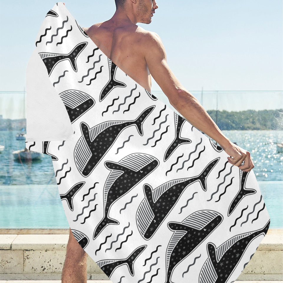 Black whale pattern Beach Towel